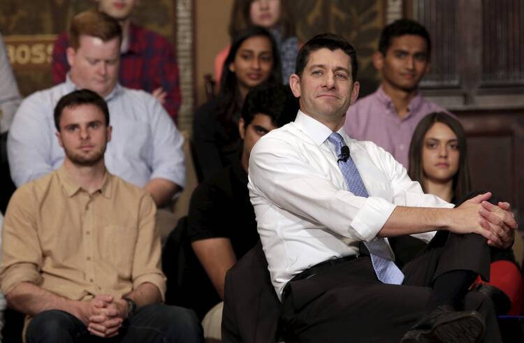 U.S. House Speaker Paul Ryan, R-Wis., listens to a questions as he speaks at a town hall meeting with millennials April 27 at Georgetown University's Institute of Politics and Public Service in Washington. (CNS photo/Yuri Gripas, Reuters) 