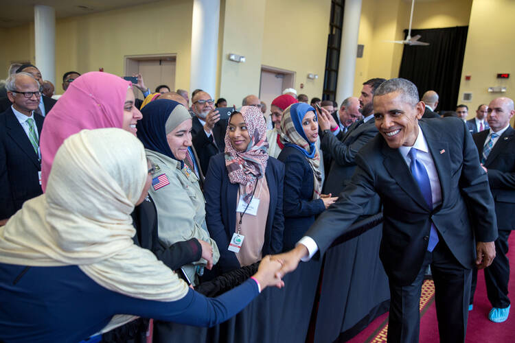 President Barack Obama greets members of the audience after he delivers remarks at the Islamic Society of Baltimore mosque and Al-Rahmah School in Baltimore on Feb. 3, 2016. Photo courtesy of the White House/Pete Souza